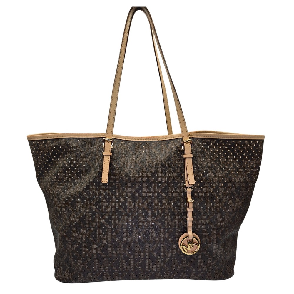 Michael Kors Signature Monogram Studded Tote Bag Brown